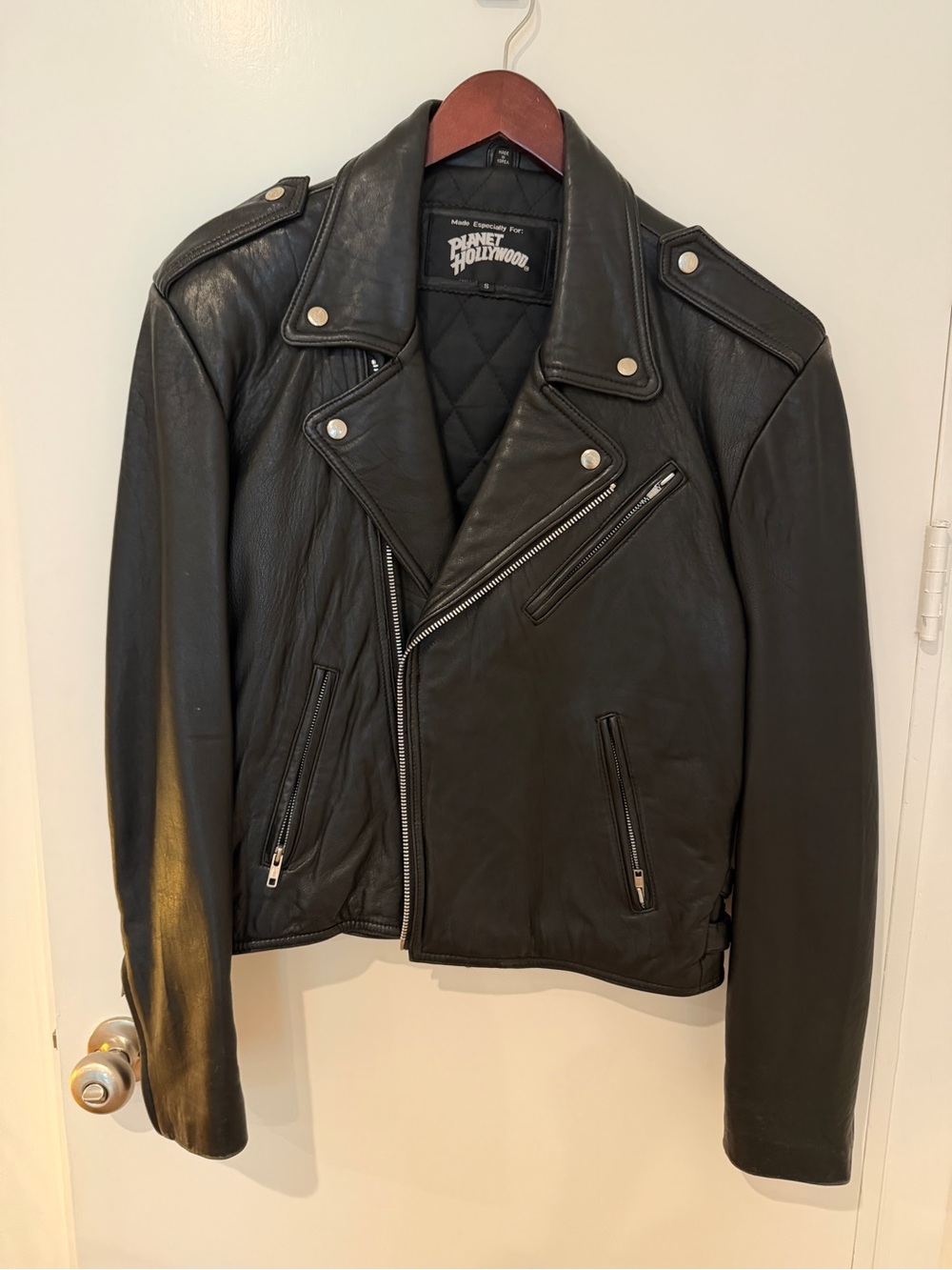 Men’s Vintage Black Leather Biker Jacket Planet Hollywood Y2K